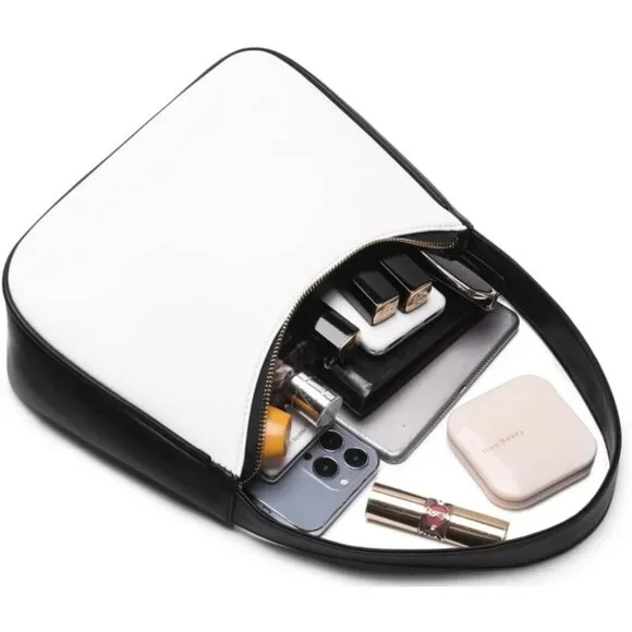 Women Black& White Imported Polyester Leather Zipper Closure Cute Tote Handbag - Picture 2 of 6